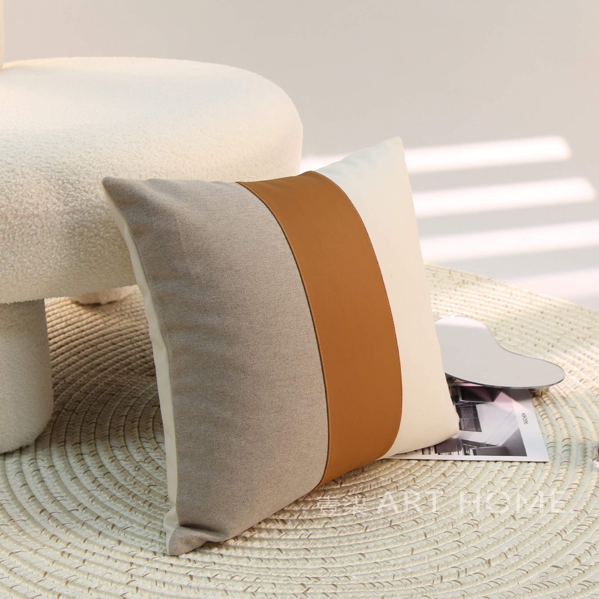 壹柒arthome原创卡其色拼接抱枕靠垫轻奢奶咖色靠垫