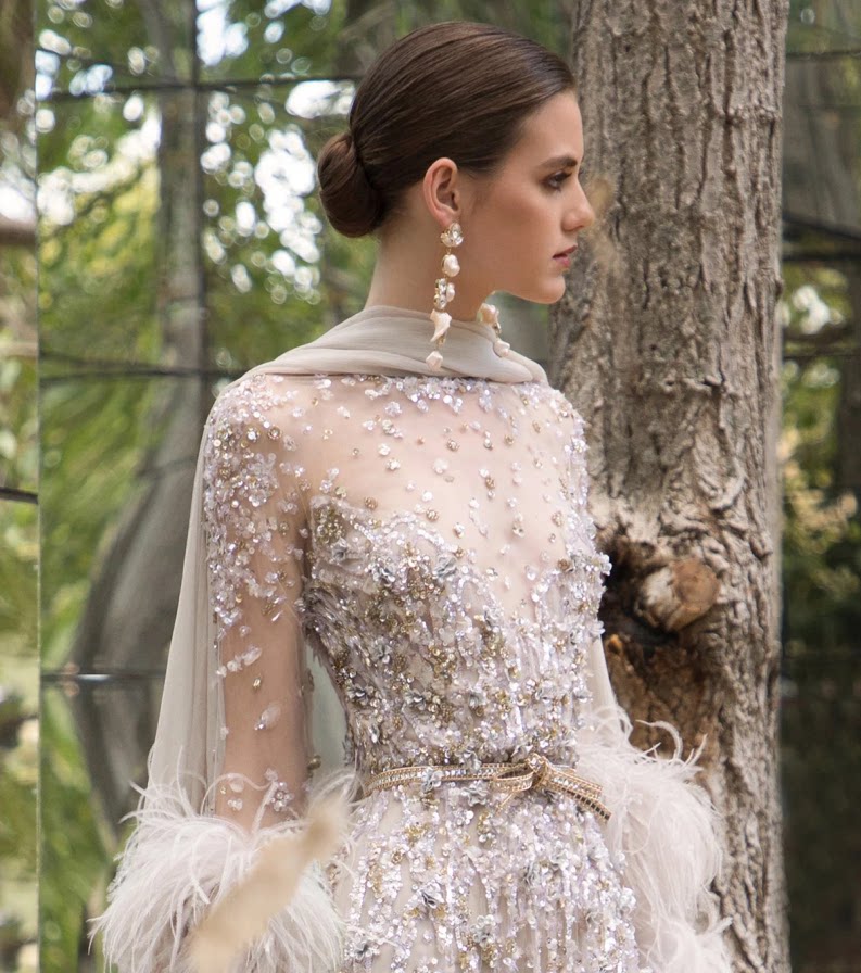 eliesaab羽毛灰色仙女晚礼服名媛聚会演出婚礼礼服