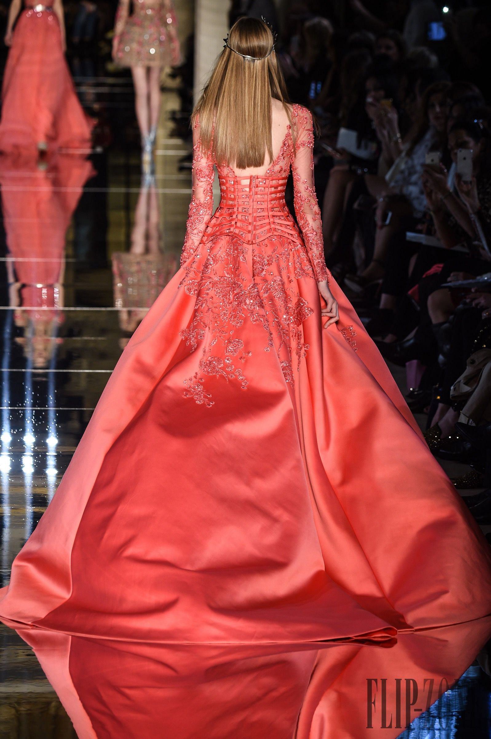 zuhairmurad橘色面前长收塑身长袖年会婚宴晚礼服礼服