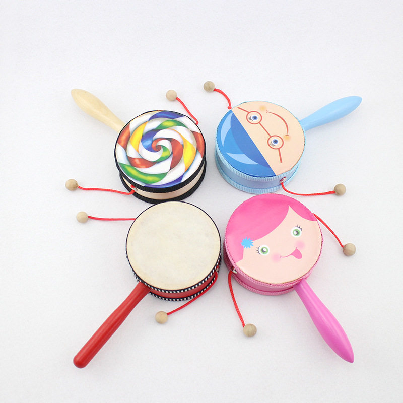 手绘拨浪鼓卡通双面摇铃木制儿童益智玩具手摇奥尔夫拨浪鼓