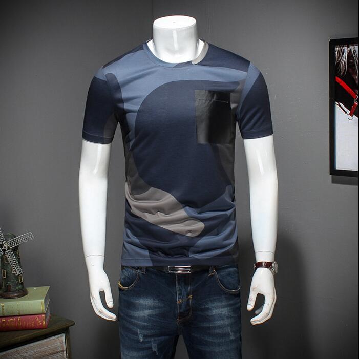 欧洲站男士丝光棉短袖t恤圆领修身迷彩潮男印花半截袖纯棉T恤大码