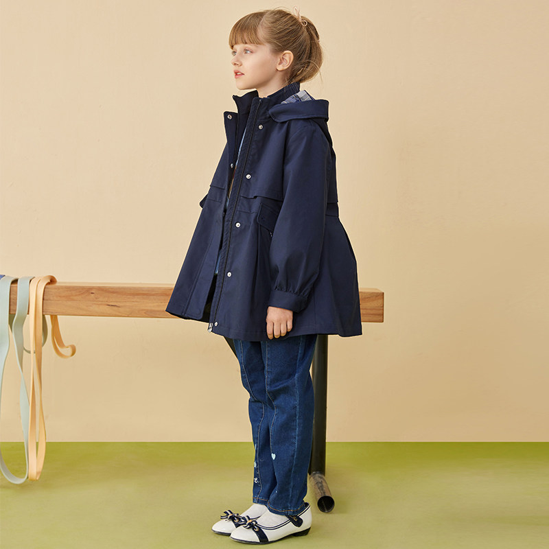 elandkids衣恋童装2022年春季新品女童休闲连帽简约中长款外套