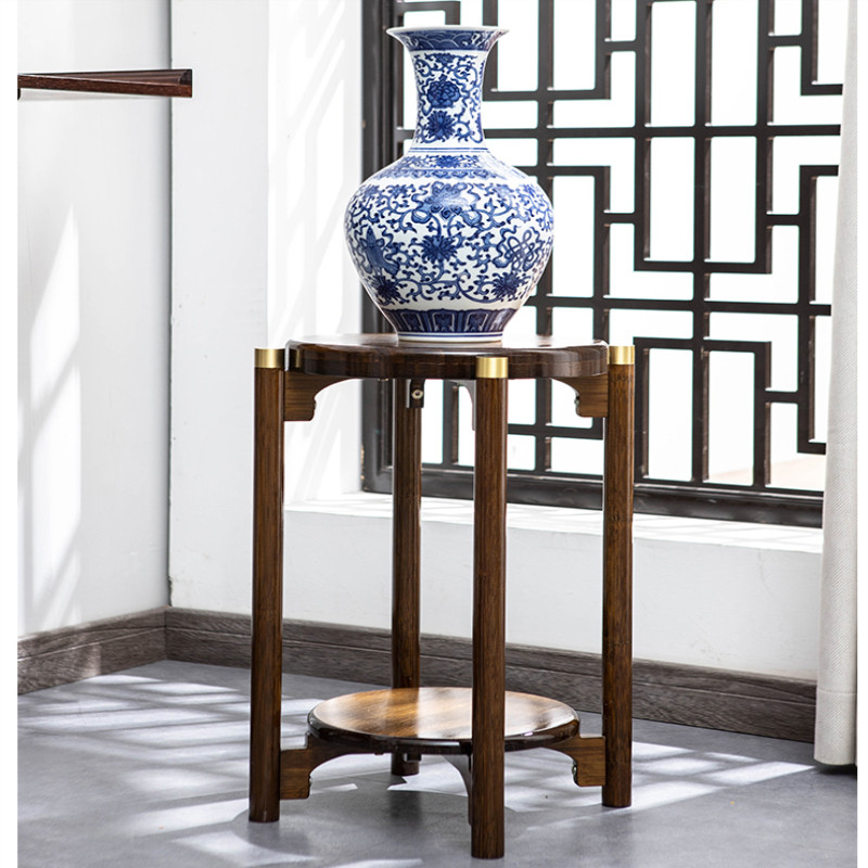 新中式装饰花瓶景台几盘实木圆形客厅花架子落地花架