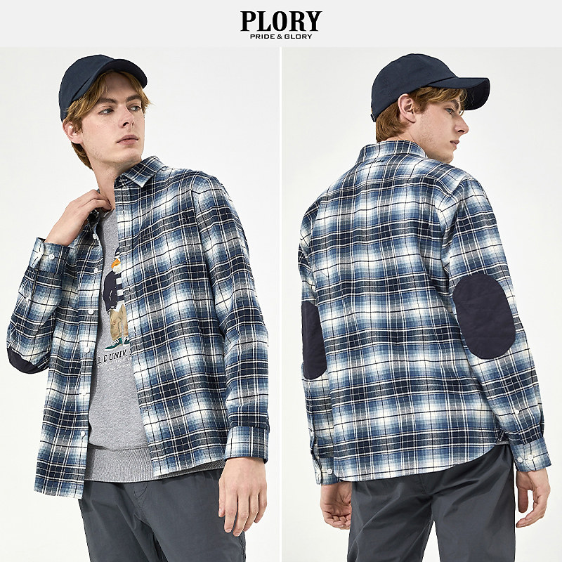 plory2021秋冬新款经典格子男士休闲衬衫衬衣poycb8801d衬衫