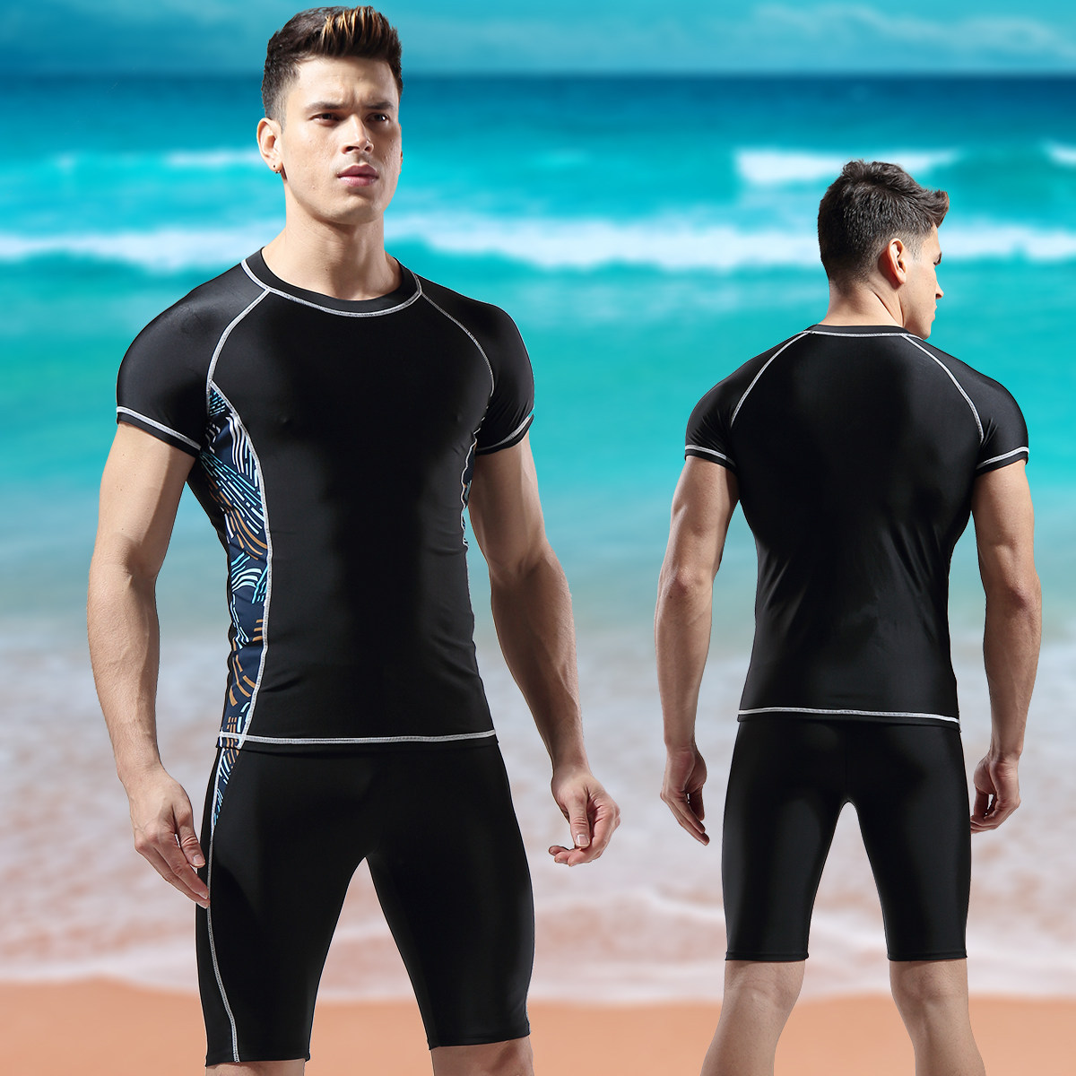 男士游泳上衣紧身防晒速干专业五分套装分体男士泳衣