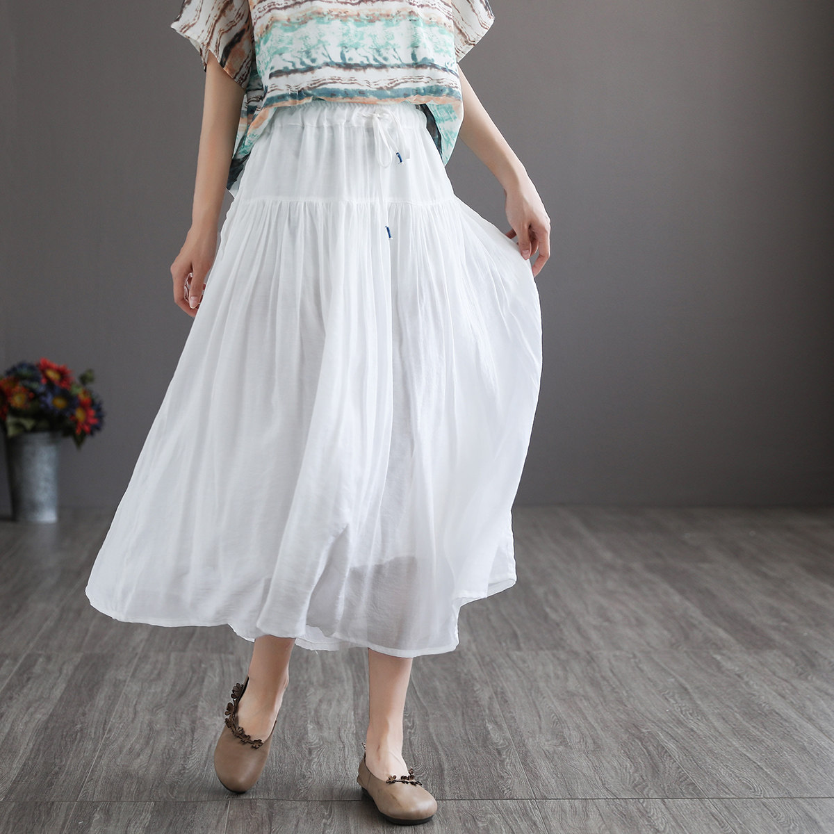 代勒夏季薄款天丝棉纯色半身裙女文艺百搭大码半身裙