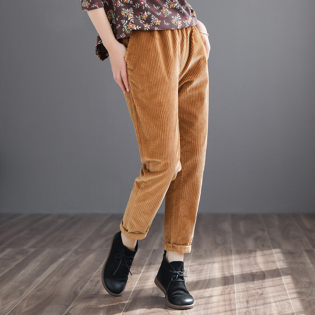 代勒原创亮色灯芯绒纯色休闲裤女士秋季新款松紧休闲裤