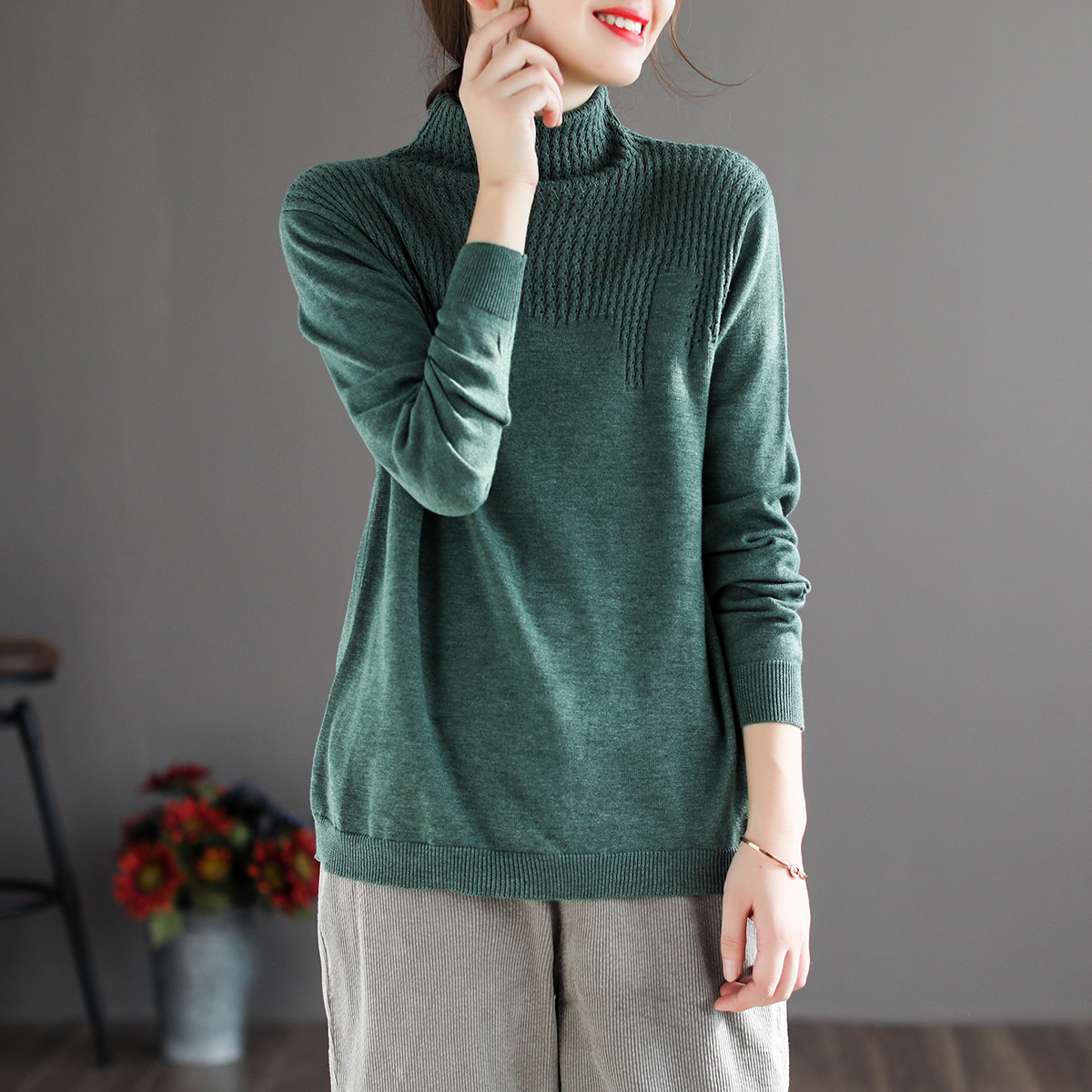 代勒原创秋季新款高领纯色棉线针织毛衣女士毛衣