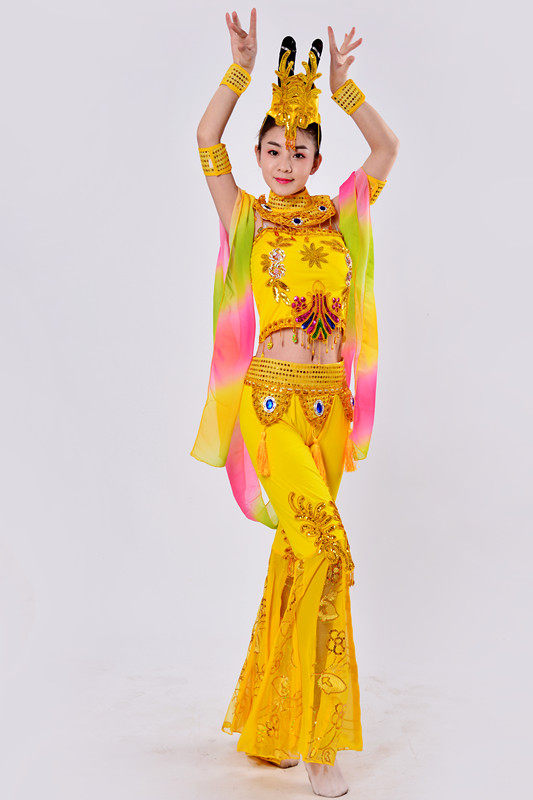 飞天新款黄色舞蹈服敦煌舞服古典嫦娥奔月霓裳仙子 飘带表演服