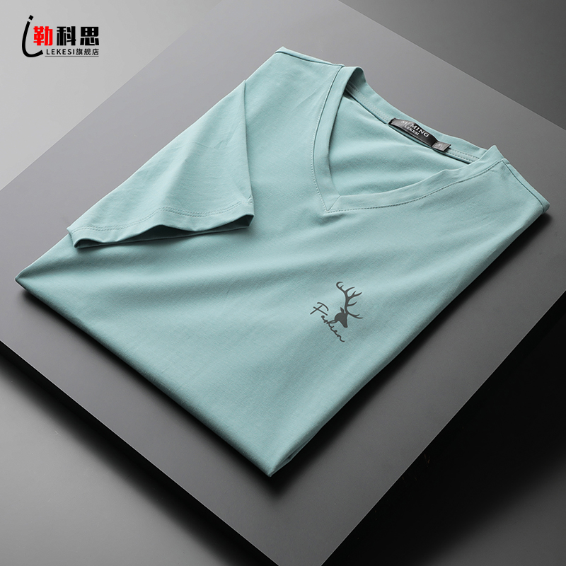 丝光棉V领T恤男短袖潮牌夏装白色半袖上衣男装冰丝潮牌打底衫衣服