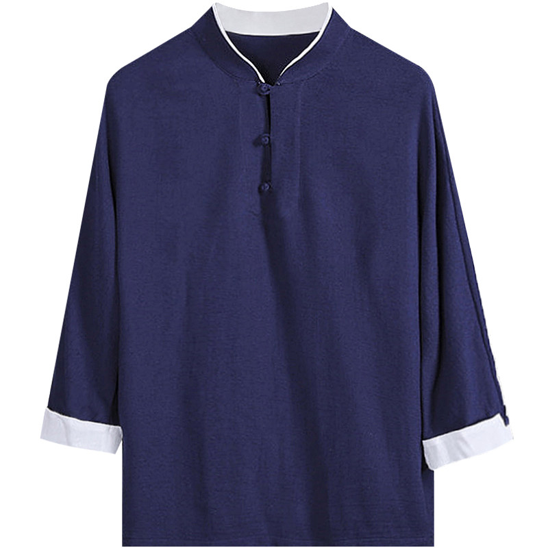 中国风男装七分袖亚麻t恤男士短袖宽松棉麻上衣夏季体恤衫7分潮流