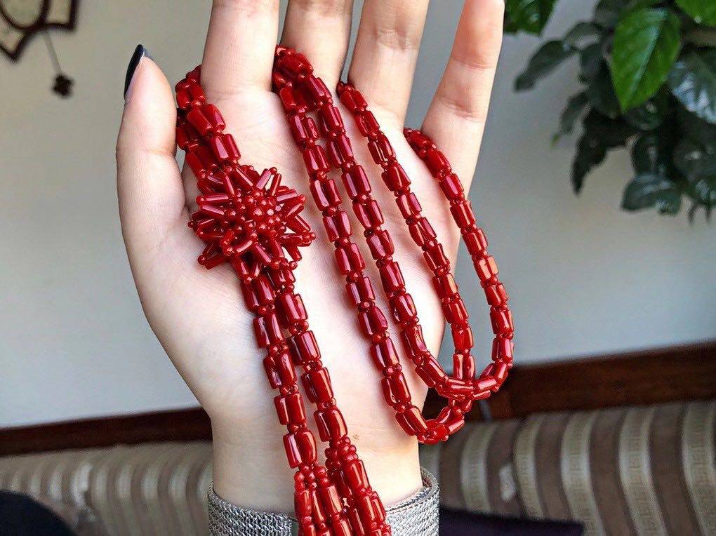 日本深海红色有机宝石血红毛衣鼓珠塔藏饰耳饰项链