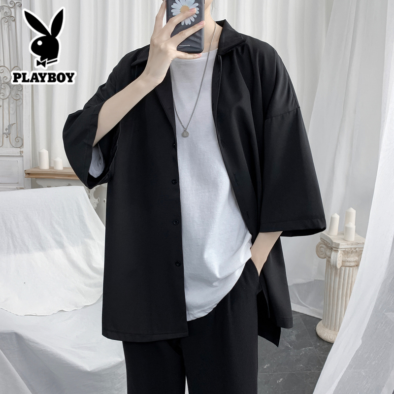 花花公子休闲衬衫男士短袖夏季薄款七分五分外套衬衣百搭黑色寸衫