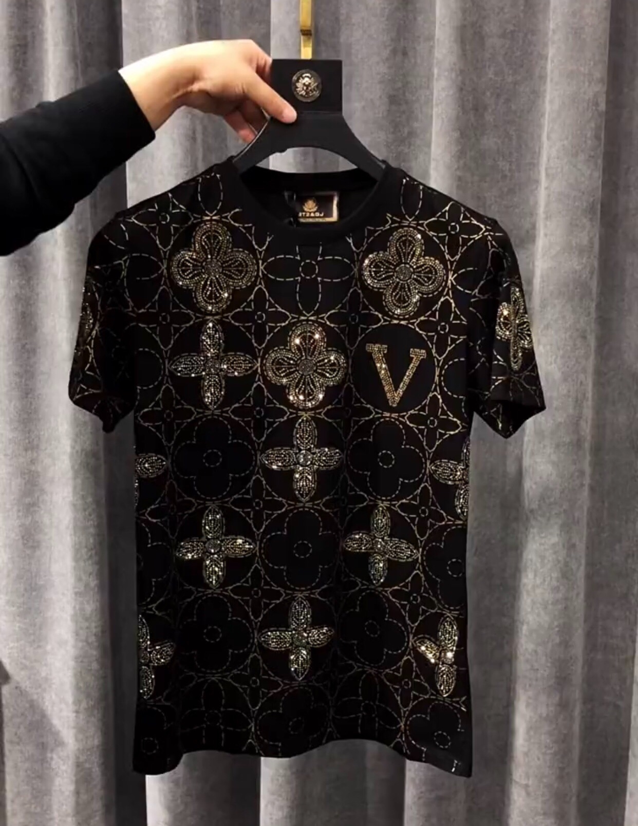 欧货男2022夏季薄款短袖休闲男士潮流烫钻圆领印花ins半袖修身T恤