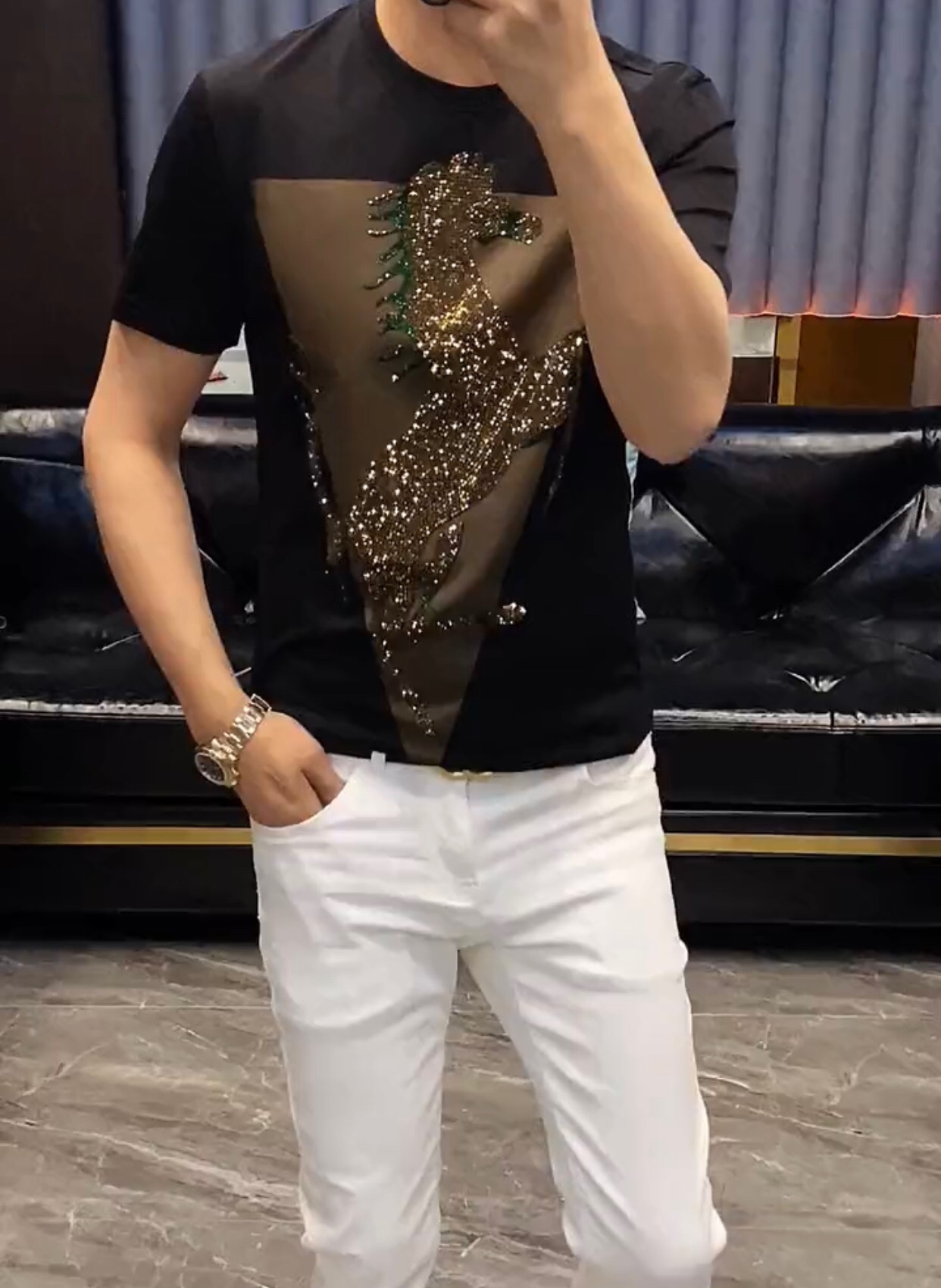 W抖音夏季丝光棉圆领烫钻金衫马短袖时尚潮流修身T恤弹力半袖个性