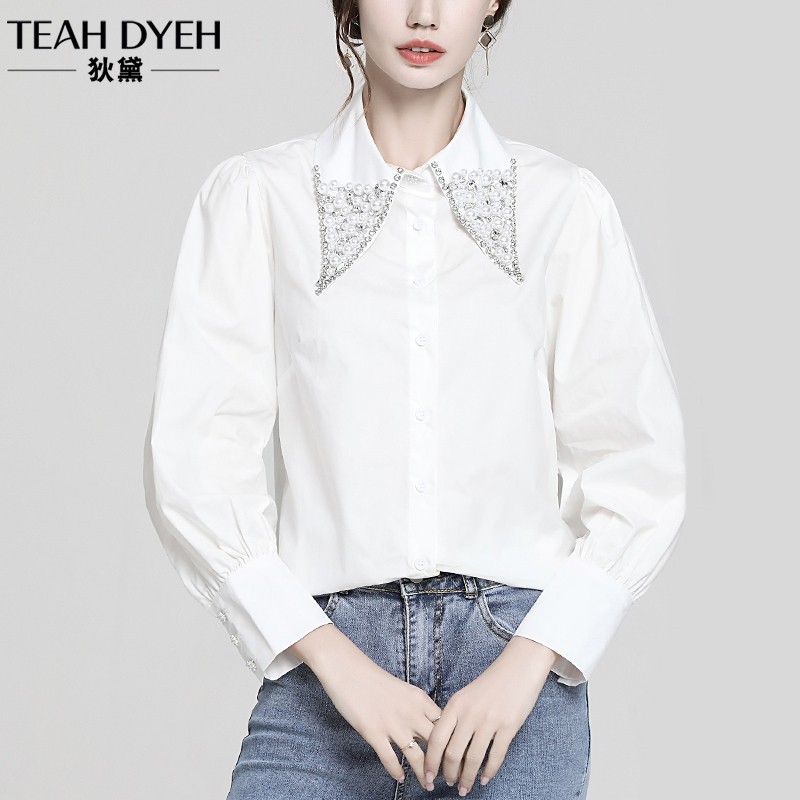 别致法式方领重工钉珠时尚洋气白色灯笼袖衬衫女叠穿21年秋装新款
