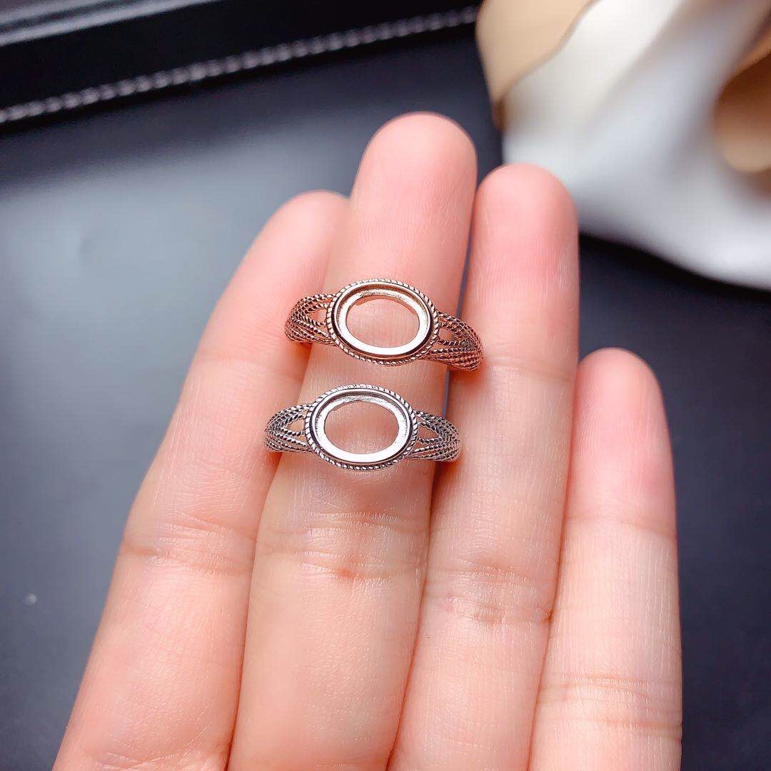 新款玉素椭圆碧玉s925翡翠镶可空托包戒指活圏戒指