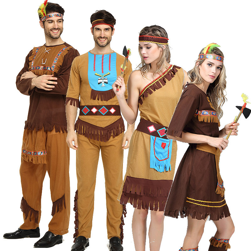 野人服装原始人 非洲野人印第安人衣服 男女豹纹土著人猎人演出服