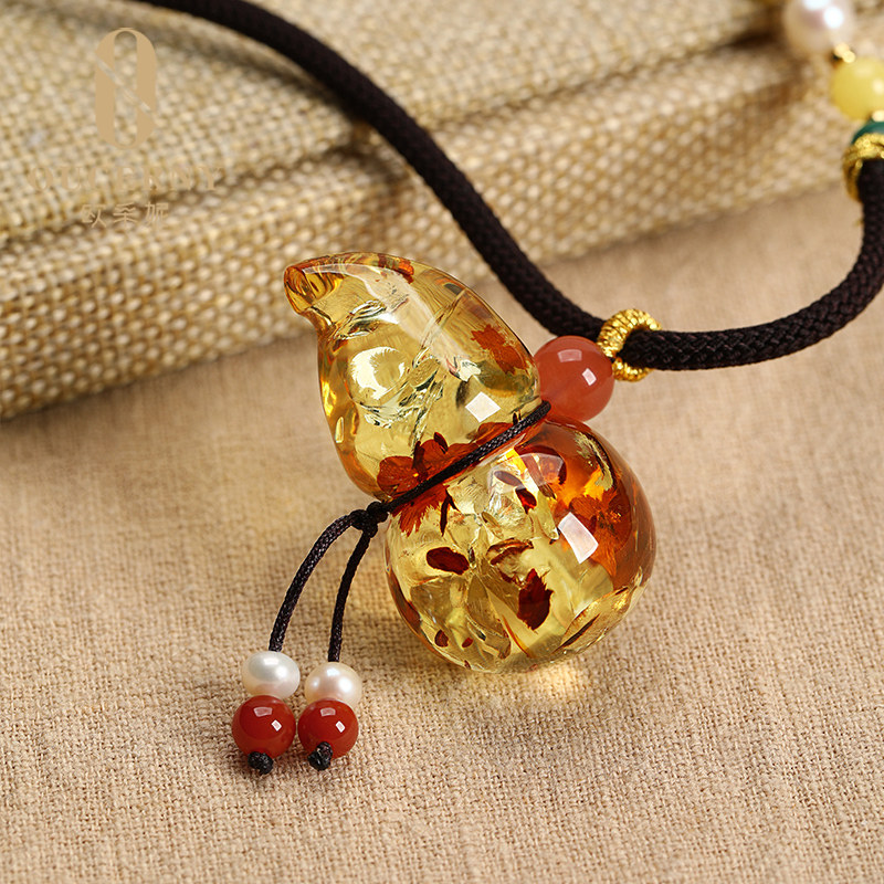 欧采如意葫芦花珀吊坠天然波罗的海琥珀花珀爆花挂颈饰