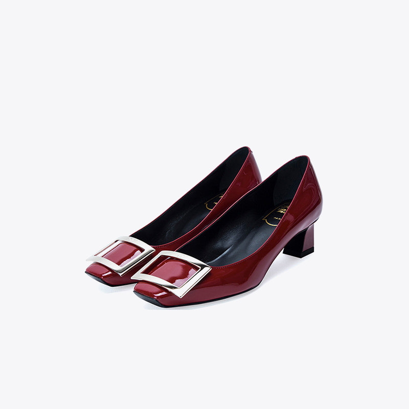 rogervivier女鞋方根尖头正装通勤中跟鞋漆皮金属方扣单鞋正品