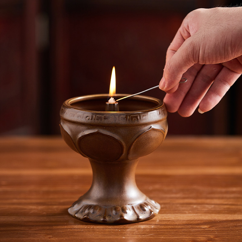 油灯陶瓷长明灯酥油复古供佛香油古代灯座佛灯烛台