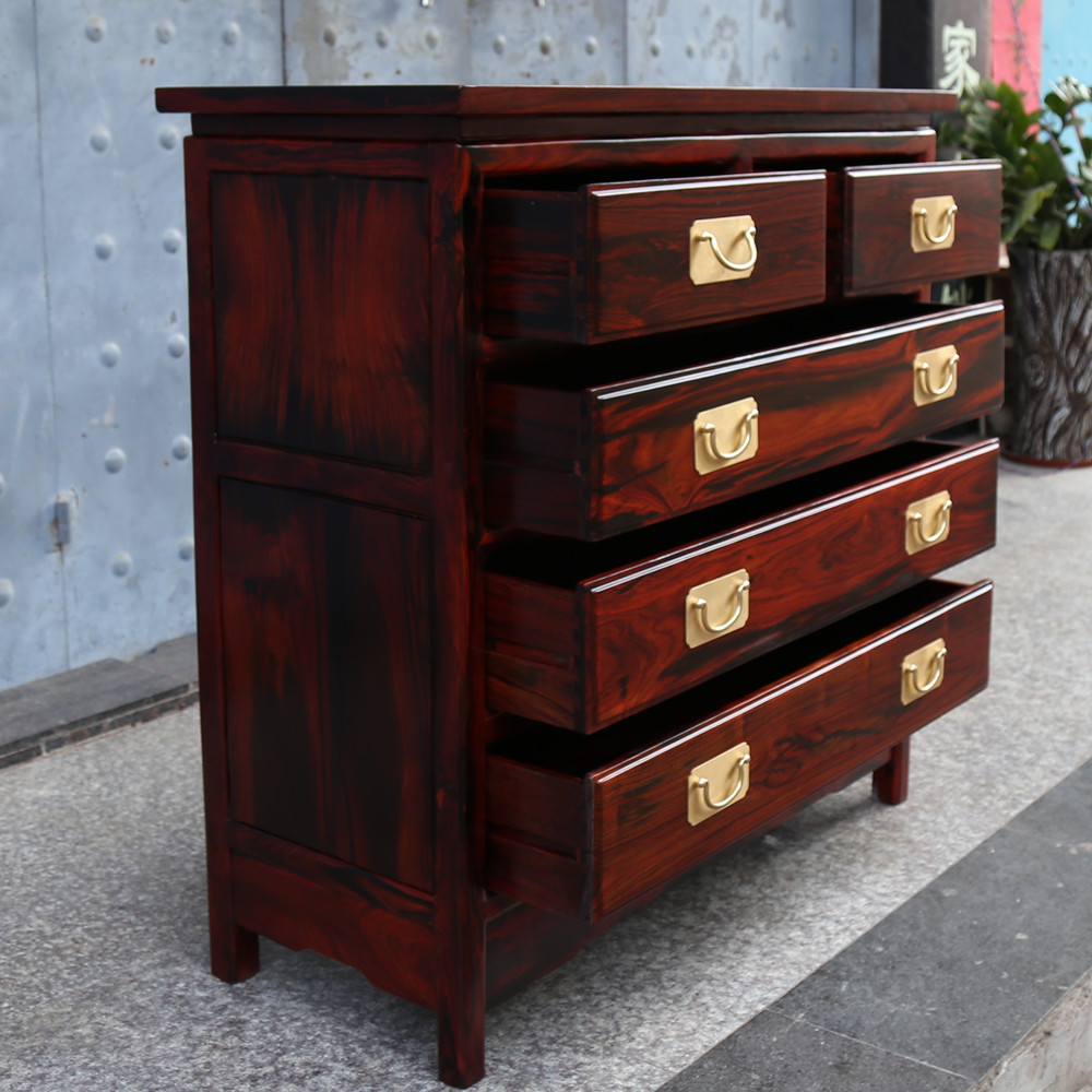 老挝大红酸枝五斗柜中式红木素面斗柜交黄檀储物柜斗柜