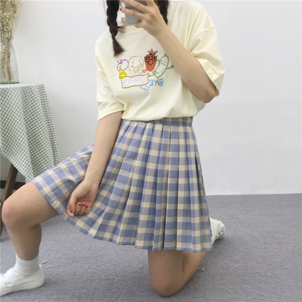 umika日系小清新少女格子松紧百褶百褶裙裙子学生半身裙
