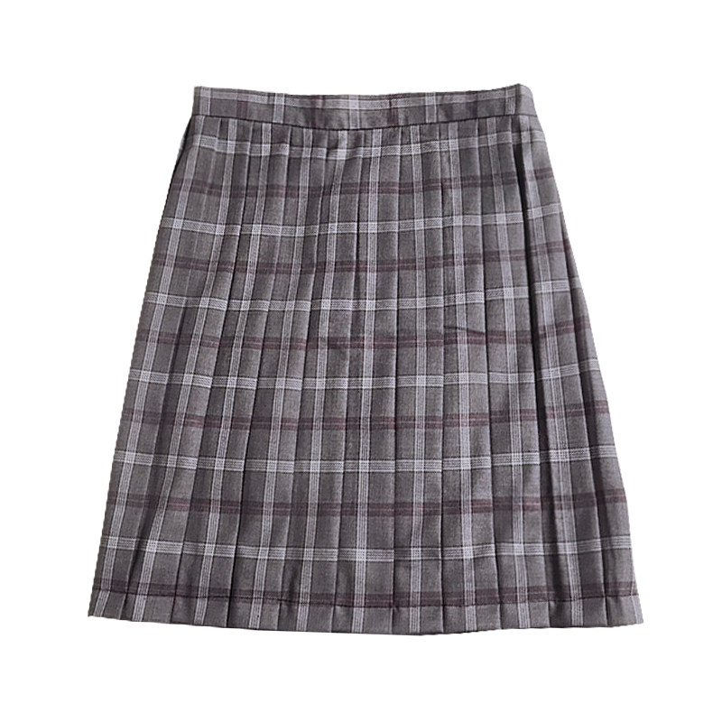 umika日系百搭学院风鼠灰色格子百褶裙高腰半身半身裙