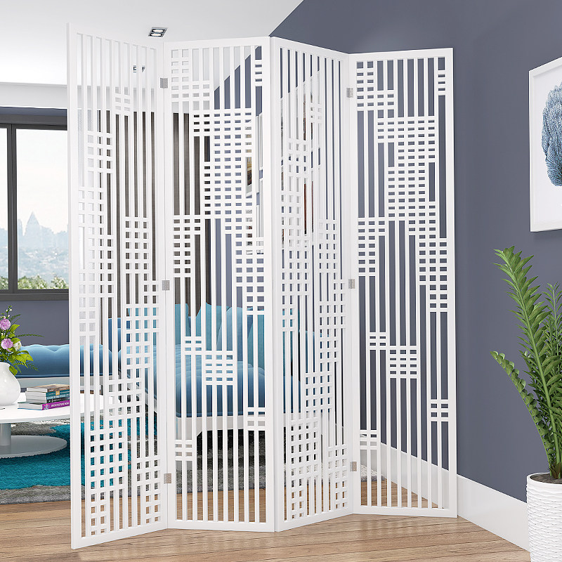 屏风隔断现代中式玄关时尚客厅白色雕花折叠屏风店铺橱窗背景镂空