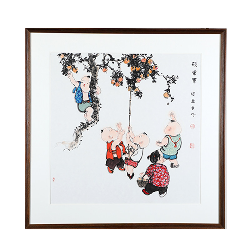 手绘四尺横幅客厅百子图现代中式家居带框水墨花鸟装饰画保真收藏