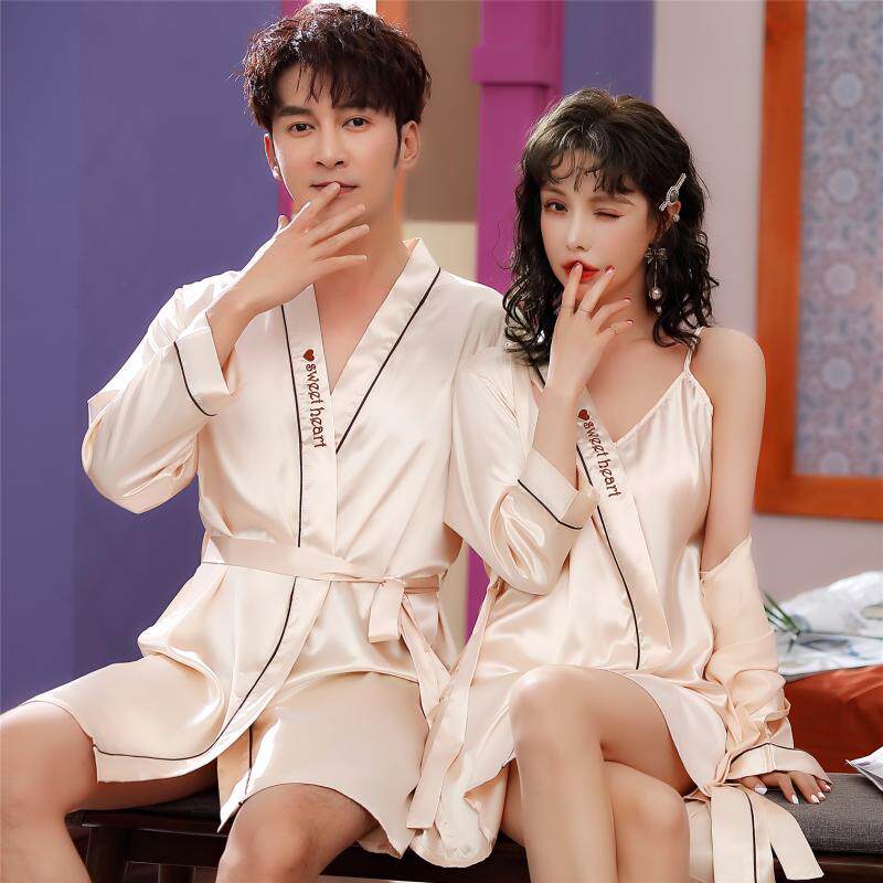 春秋睡袍真丝情侣浴袍丝绸睡衣女睡裙两件套装夏季薄款男冰丝浴袍