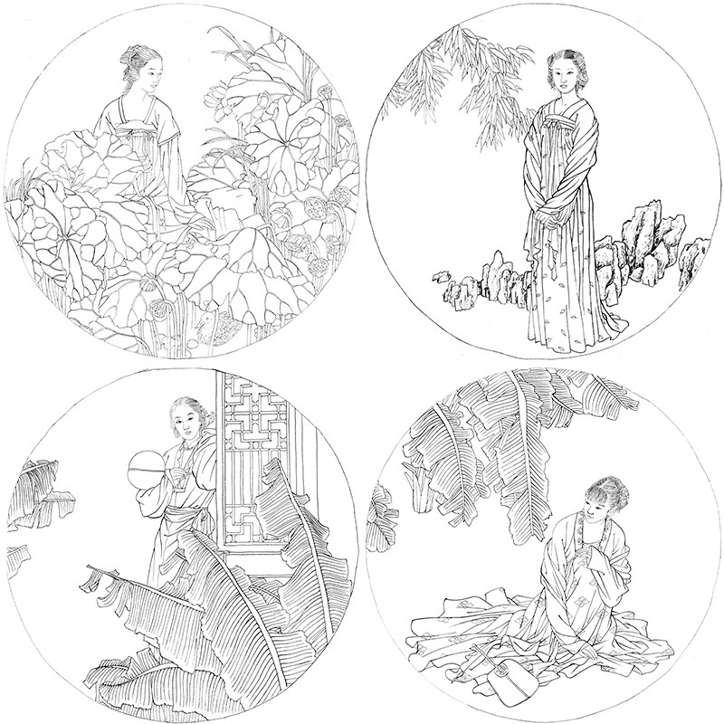 底稿王美芳实物图样线稿临摹仕女国画白描团扇国画