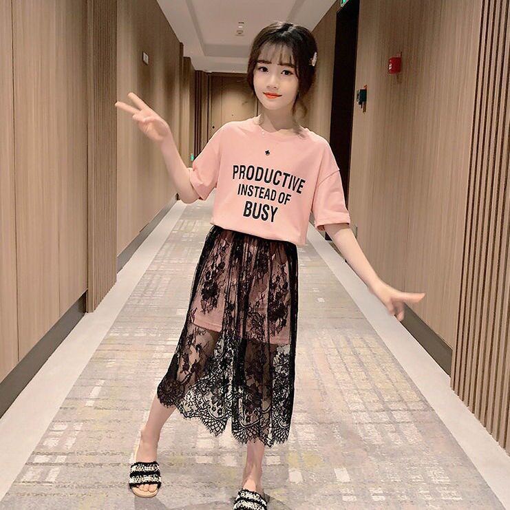 女童短袖连衣裙套装2022新款夏季中大童网红洋气T恤网纱裙两件套
