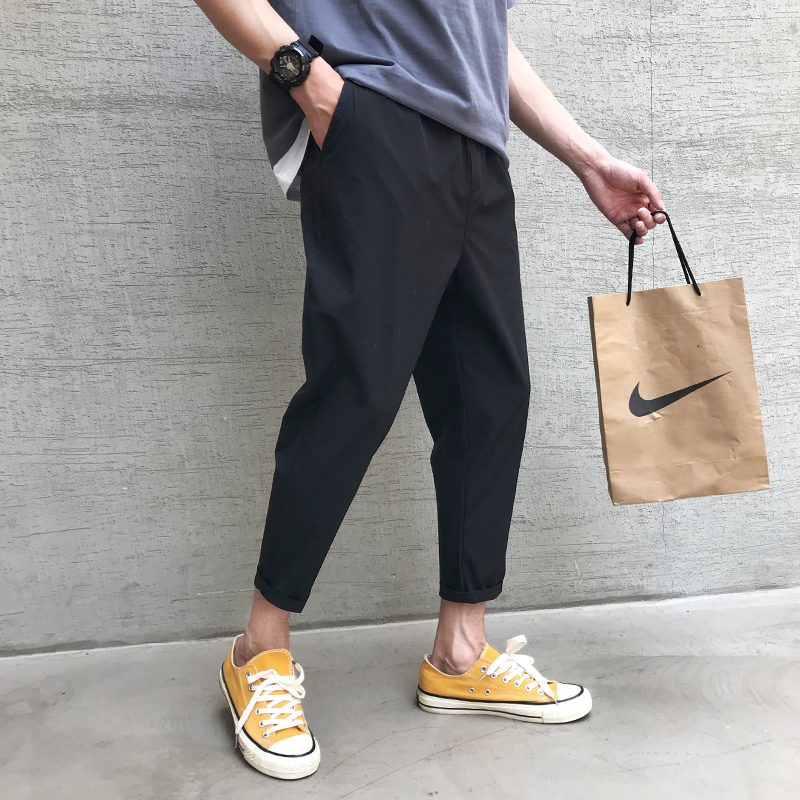 春夏季薄款裤子男韩版潮流痞帅修身小脚冰丝九分裤男士休闲小西裤