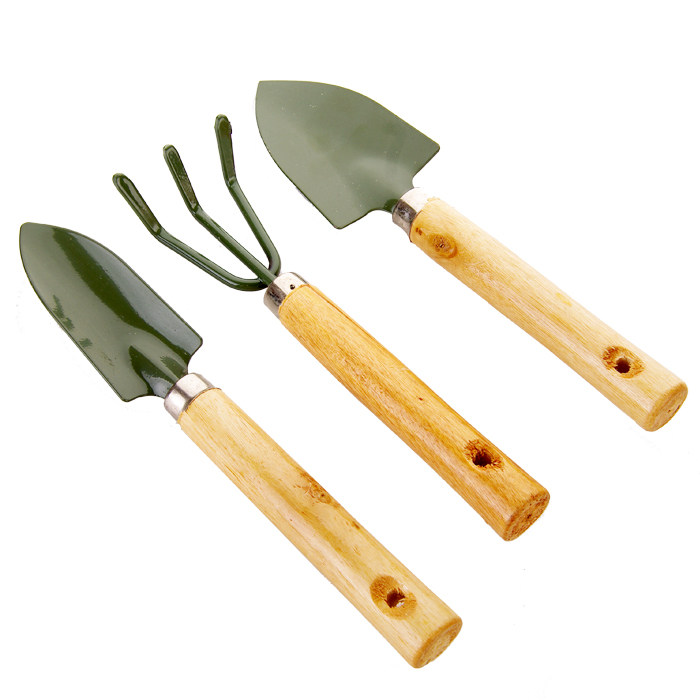 种花盆栽工具小铲子花 家庭园艺工具迷你木柄小铁铲耙子三件套装