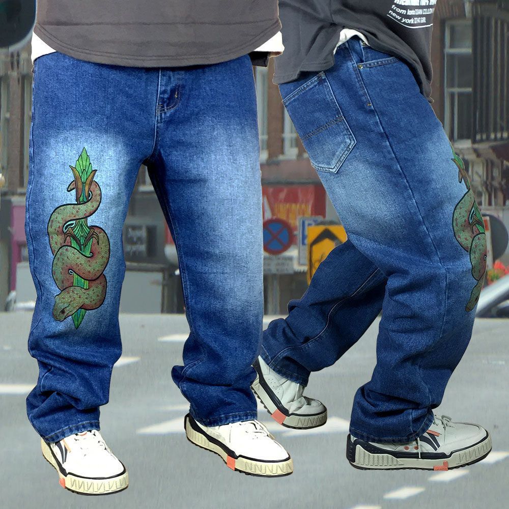 牛仔裤印花嘻哈hiphop街舞滑板os宽松复古纯棉牛仔裤