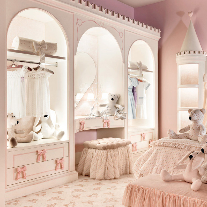 欧式收纳公主房儿童床背景墙城堡装饰实木床边衣柜