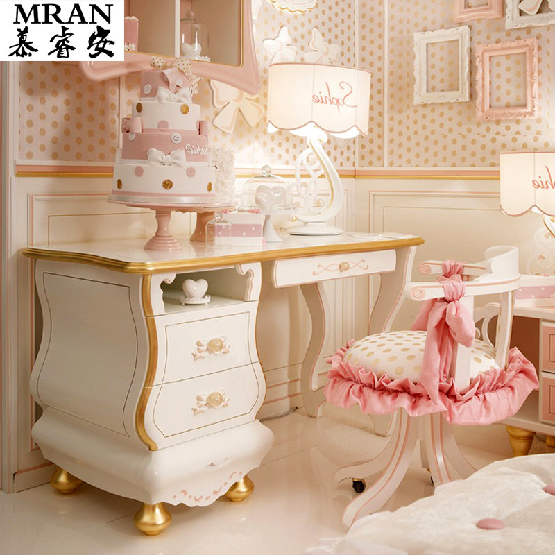 欧式公主写字台粉红色儿童学习实木雕刻多功能书桌儿童学习桌