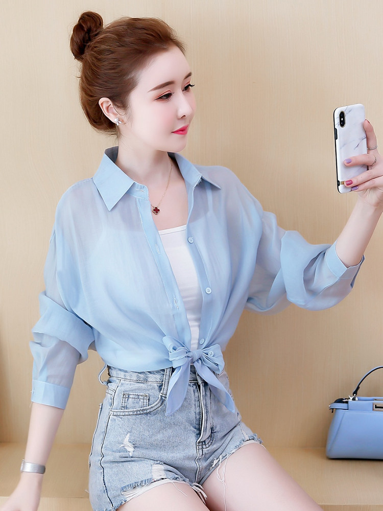 防晒外搭衬衣白衬衣薄款短款衣女雪纺冰丝夏季短外套