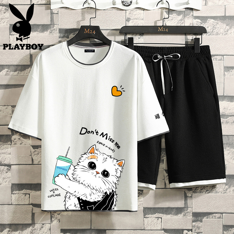 花花公子短裤套装男潮流宽松休闲夏季2022新款五分裤男士薄款裤子