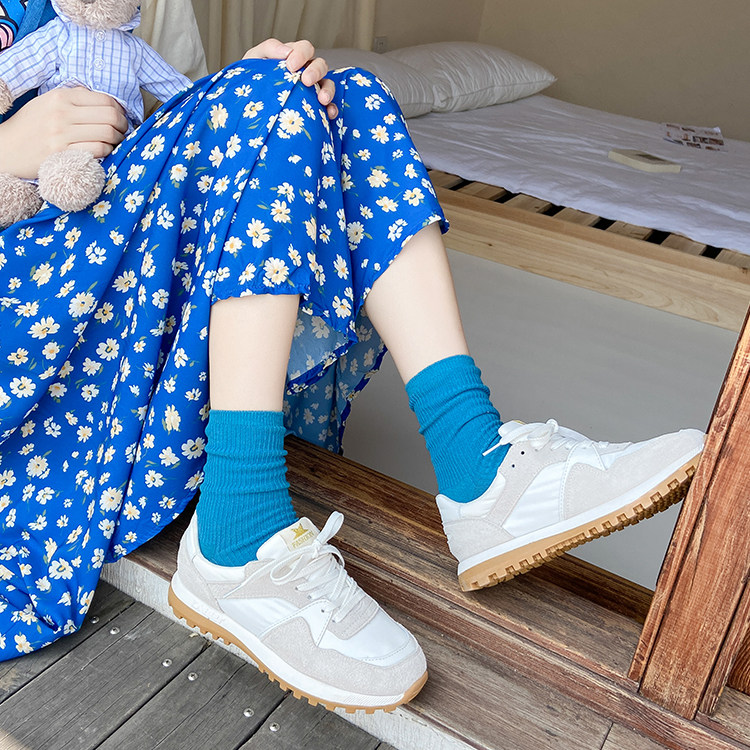 蓝色袜子女春夏季中筒袜秋季薄款堆堆袜ins潮清新百搭长袜纯色黑