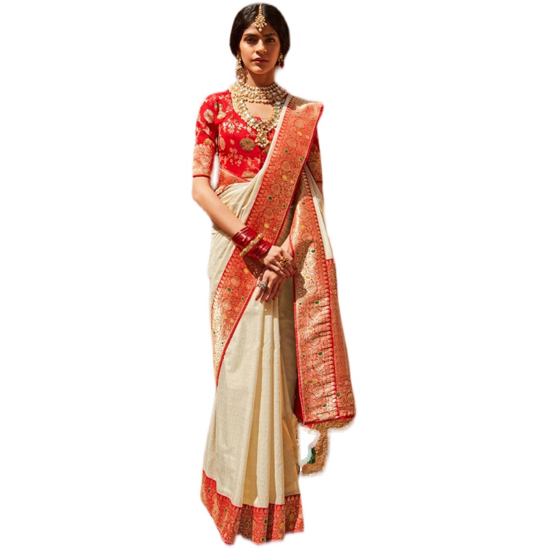 米白白色丝质提花印度纱丽节日聚会民族风传统民族服装