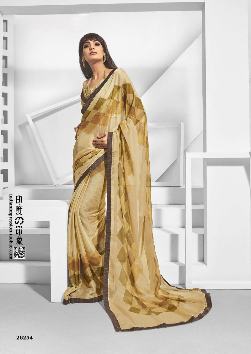 2020新款雪纺印花印度纱丽日常简约菱格莎莉民族服装