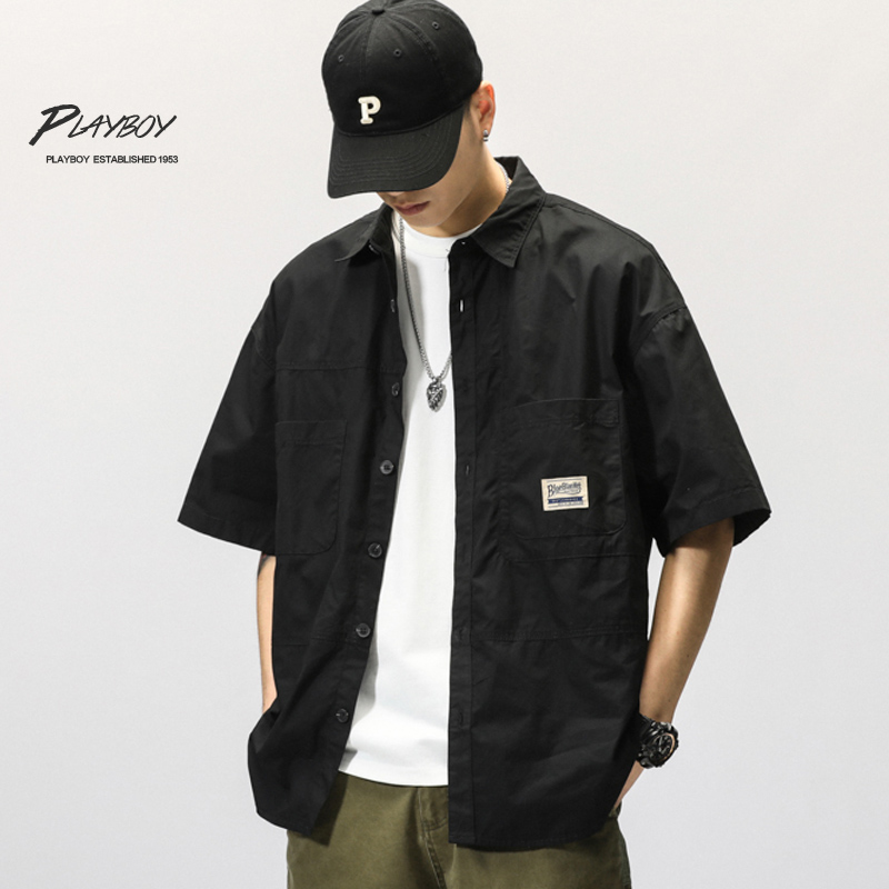 花花公子男士衬衫短袖夏季冰丝工装外套休闲衬衣男纯棉日系宽松潮