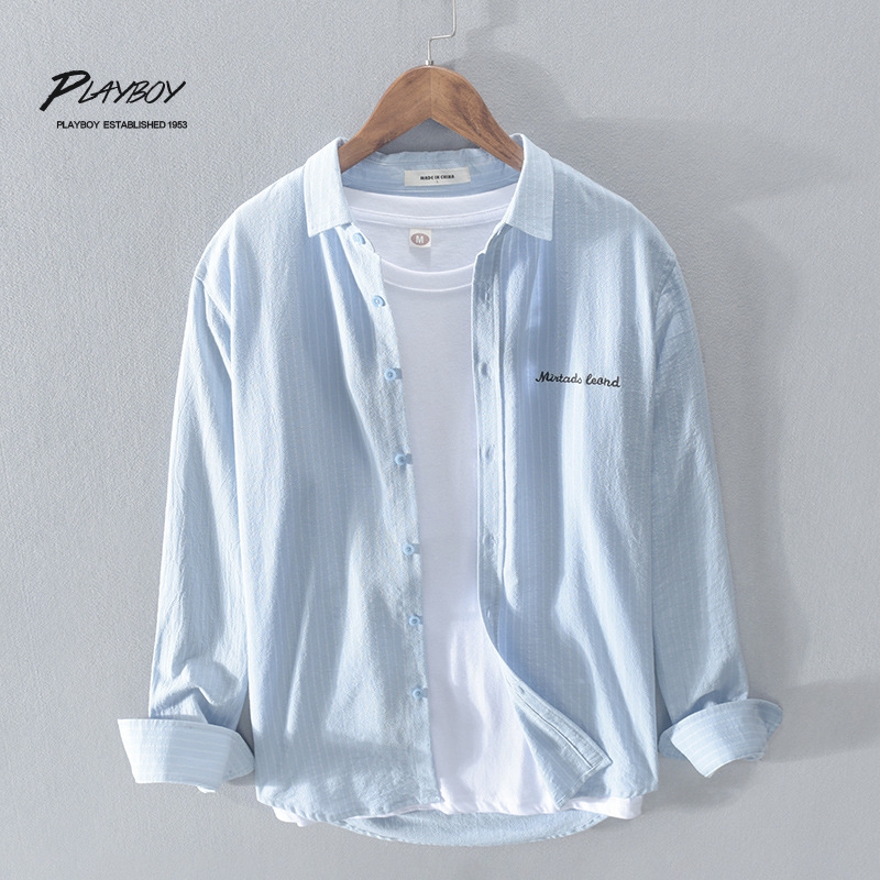 花花公子衬衫男长袖纯棉日系男友风条纹衬衣男士外套春秋薄款上衣