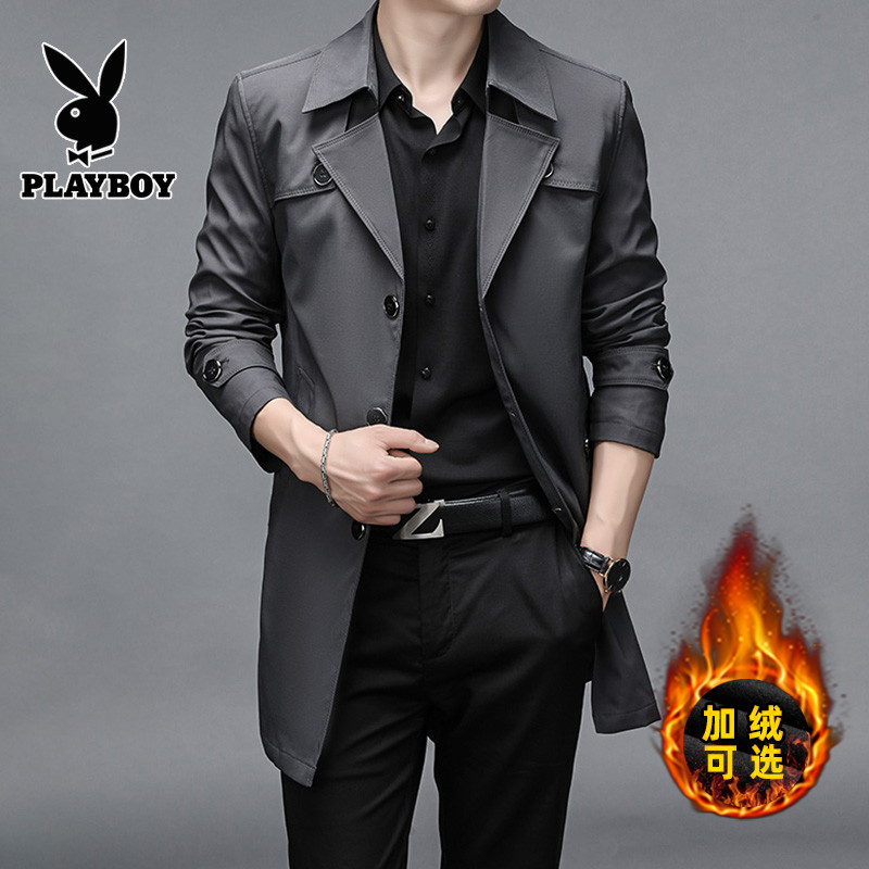 花花公子风衣男春秋2021中长款韩版修身潮流加绒加厚帅气男士外套