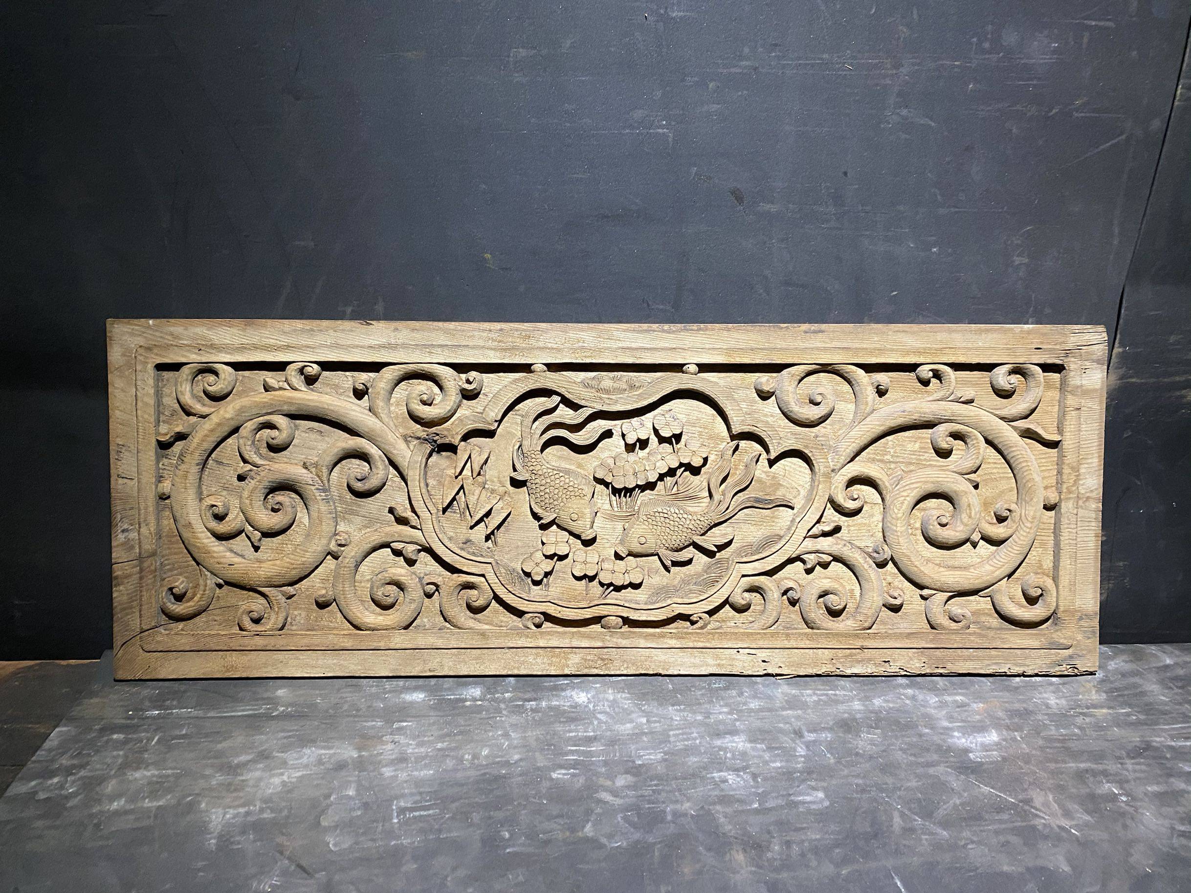 木雕清代浮雕金鱼水草纹老一块物件古玩古董通花板