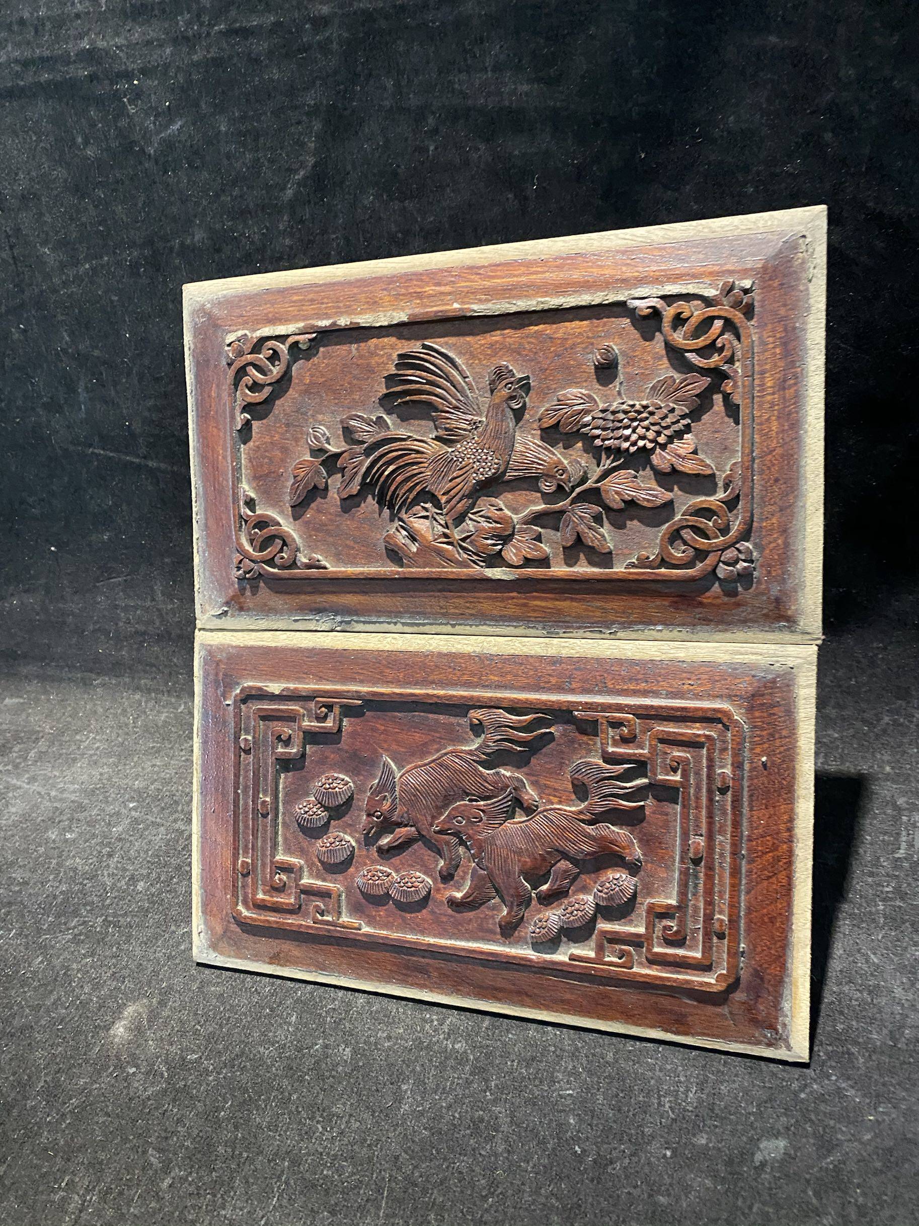 老木雕浮雕公鸡纹獾子纹老木雕花板一对