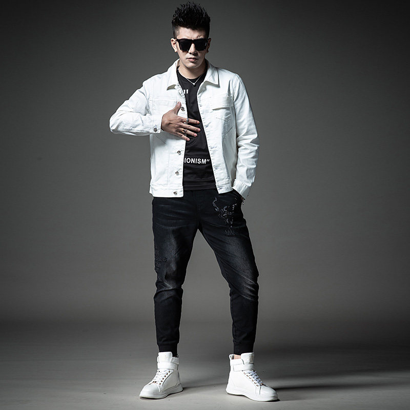 sxf圣希梵牛仔外套男 2019春季新款帅气白色上衣男士翻领工装夹克