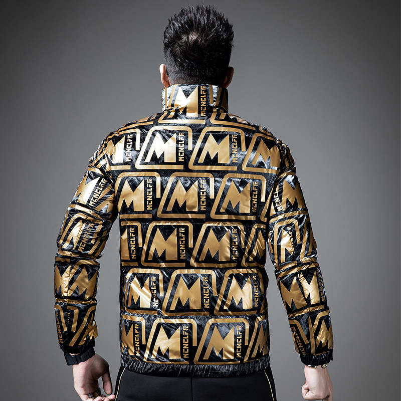 > sxf圣希梵羽绒服男潮 亮面满印花修身立领新款冬季外套男式羽绒衣